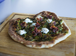 fattyland:  Cooked Pizza with homemade Pesto Genovese, Goats’