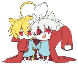 A cute pic of Lambda and Nu  with Ragna’s jacket V-13 so cute