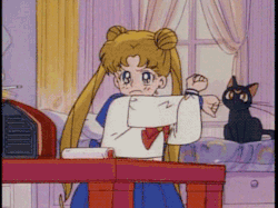 I am posting a picture of sailor moon stalling to do her homework