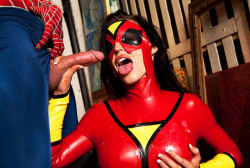 superheropornpics:  Spider-Woman gulps down some Spidey cock.