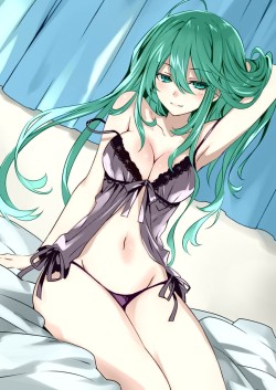 best-hentai-ever:  Her green hair goes well with her lingerie.