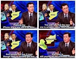 funniestpicturesdaily:  Stephen Colbert on war