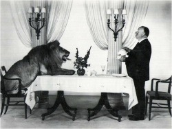 wandrlust:  Alfred Hitchcock serving tea for Leo the Lion of