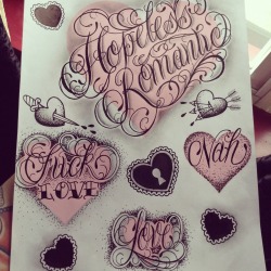 dollbabytattoos:Finally finished this sheet of hearts and script!