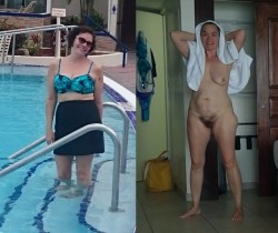 unawareandnude:  Lori expoesed at the pool and after shower