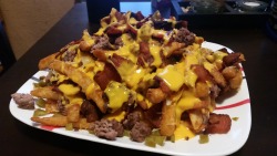 foodology-blog:  Bacon, cheese, beef, and jalapeno fries. [OC][5312x2988]