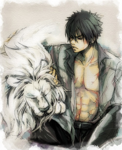 Xanxus and his white liger, Bester. Look how he’s chewing