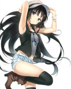 shy-azusa:  1girl adjusting hat armpits arms up belt black hair