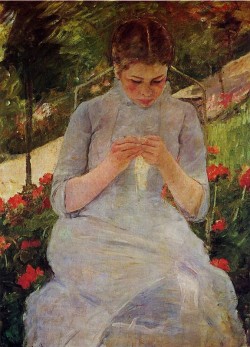 Young Woman Sewing in a Garden, Mary Cassatt. American (1844