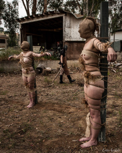 masterscrib:  enslavedwomen:  Terrified girls naked and bound at a farm   scarecrows