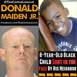 vegan-grindhippy:  sancophaleague:  Donald Maiden Jr. is an 8-year-old Black kid from Dallas who was playing tag outside his apartment complex when Brian Cloniger, a 46-year-old white Man Shot him in the face. Donald was in critical but stable condition