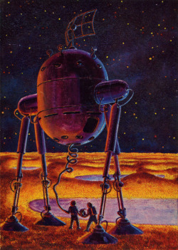 humanoidhistory:  Future cosmonauts explore Pluto in an all-terrain walking machine. 1970 space art by Andrei Sokolov and cosmonaut Alexei Leonov.