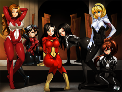 jadenkaiba:  “Your friendly neighborhood Spider-Girls are on the business~!” Commission Time :) Spider Girls from Spider-Verse Spider Woman - Jessica Drew 1610Spider Girl - Mayday ParkerSpider Woman - Jessica Drew 616Silk -Cindy MoonSpider Gwen -