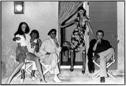 candypriceless:  Grace Coddington, Helmut Newton, Manolo Blahnik, Anjelica Huston &amp; David Bailey – Vogue UK by David Bailey, January 1974 