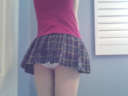 sissy-scarlet:this new skirt is so short you can see my butt! I also got a new toy to play with, so I hope you enjoy it as much as I do!