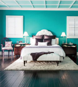 designmeetstyle:  Opposites attract. Pretty purple accents with bold, bright teal walls creates a vibrant yet zen-like space. They were destined to be perfect for a bedroom. Take a spin on the color wheel and find your next statement color palette by