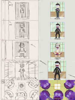 tuneout:The Osomatsu-san fanbook comes with some storyboards so I scanned those and pulled out some screencaps of their respective scenes! Interesting to see how scenes evolve, or completely stay the same. Somehow, storyboard Totty face was even scarier. 