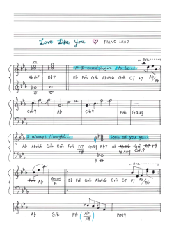 waltzforluma:  Many people have asked me about sheet music for “Love Like You”. Here’s the handwritten piano lead sheet that I use whenever I perform it. The time signature is ¾ and the key is Eb Major.My notation is not standard! I customized