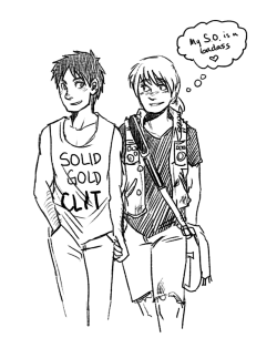 callmekitto:  Blame Donnie and Blythe, respectively: &ldquo;Eren wears this out in public and Armin alternates between “my SO is a badass” and “Jesus Christ Eren there’s kids here” Shingeki no queer punk au is becoming an issue for my headspaces