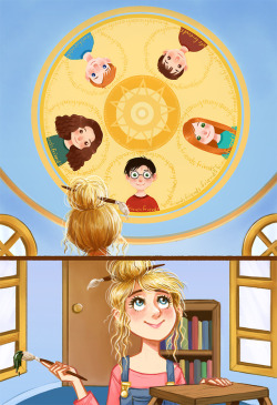 courtneygodbey:  &ldquo;Luna had decorated her bedroom ceiling with five beautifully painted faces: Harry, Ron, Hermione, Ginny, and Neville. They were not moving as the portraits at Hogwarts moved, but there was a certain magic about them all the same;