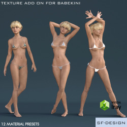 Looking for new textures for Babekini? SFD has you covered!  12 new Iray textures for SynfulMindz&rsquo;s Babekini clothing product.  Compatible with Genesis 3 Female for Daz Studio 4.9 and later! Also this textures set is 30% off until 4/10/2016! Grab