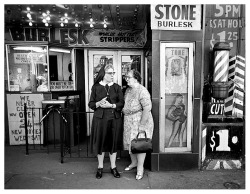 burleskateer:Vintage photo from 1954, features the entrance to Detroit’s infamous ‘STONE Burlesk’ theatre; located at 2511 Woodward Avenue.. Sister Agatha and friend are deciding if they still have time to take in another show, before they’re