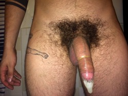 abeardedboy:  there’s a guy who likes to come over and fuck me, and he leaves the full condom up my hole as he pulls out. trapping the cum inside me.this is what it looks like when i pull it out of my hole and shoot my own load into it as well 