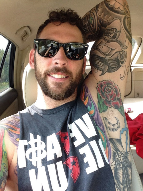 sextinguys:  Plenty of exposure for Zane Hammer Pittman! This single father from South Carolina just loves to show off his colorful tattoos & nice cock! I love his ass tat! -Sextinguys