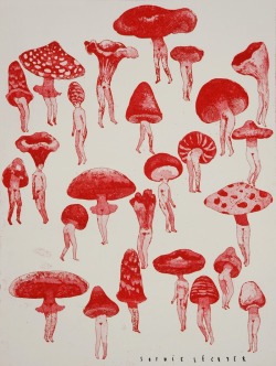 gentleeearthling:  red-lipstick:  Sophie Lécuyer  (French, b. 1987, Épinal, France) - Picking, 2015   Etching and Aquatint  mushroom people