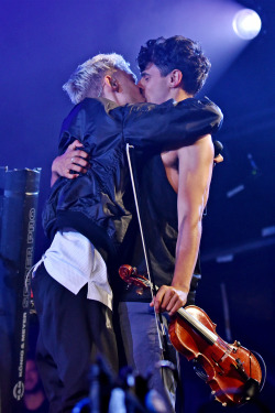 yearshq:  Olly Alexander of Years &amp; Years kisses boyfriend Neil Amin-Smith of Clean Bandit as they perform on the main stage at the 2015 Jersey Live Festival at Saint Helier on September 05, 2015 in Jersey, Channel Islands 