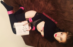 babysubmissive:Photographer: DominantlifeModel: Babysubmissive♔~leave credits intact and do not re-upload~ lustandgunsmoke pink cuffs!!