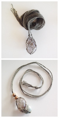 truebluemeandyou:  DIY Macrame Wrapped Gem Necklace Tutorial from Sustainability in Style.  This DIY Macrame Wrapped Gem Necklace is similar to making a macrame plant hanger for the gems/stones and then finishing with a 4 strand braid for the rest of