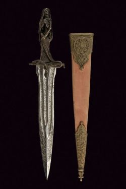art-of-swords:  Ceremonial Dagger  Dated: mid-19th century Culture: French Measurements: overall length 43 cm Described as a dagger for ‘esoteric rituals’ the dagger features a straight, double-edged blade with a triple fuller, engraved with floral