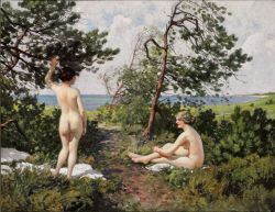   Two bathing girls in the bushes near the coast of Hornbæk, by Paul-Gustave Fischer. Via The Athenaeum.  