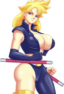 Busty blonde oppai female fighter with big tits ready to beat something into submission.