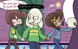thesketcherlass:  Toriel insists that everyone hold hands during the puzzle segments whenever they revisit the ruins. Chara’s a little bit insulted, Asriel can kind of see where their mom is coming from with the whole “dead babies recently revived,