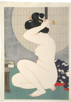 Woman Arranging Hair Before a Window, by Hirano Hakuho.