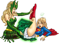 jamjarmonster:  Super girl is diapered by Enchantress. &ldquo;With these Kryptonite infused plastic pants your bladder and bowel muscles will be permanently weakened, rendering you completely incontinent!!!&rdquo; said Enchantress &ldquo;Get used to a