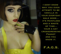 faggotryngendersissification:  I don’t know why you even attempt to be vanilla in your everyday male mode…it’s pointless and a waste of time…your a gay crossdressing faggot and you know it. F.A.G.S.