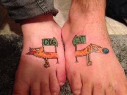 fuckyeahtattoos:  My best friend and I got a pretty clever tattoo. We used catdog because they described us both to a T. I’m the cat and my best friend is the dog. Thank you to Ryan at Slingin Ink in Point Pleasant, New Jersey. Great work, dude.  omg