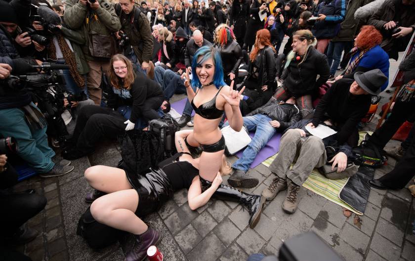 micdotcom:  Hundreds stage “face-sit in” outside parliament to protest new porn