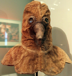 museum-of-artifacts:      Plague doctor mask, Germany, c. 16th century.   As protection against the disease doctors wore a leather gown with a wrap and a mask. Herbs or sponges soaked with vinegar were put into a beak-like protrusion in order to filter