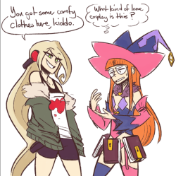 scruffyturtles: Posted this on my twitter and I was so happy to see Erica Lindbeck respond to it so quickly~ Magilou and Futaba clotheswap since they’re both voiced by her! 
