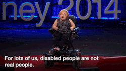 ted:Comedian and journalist Stella Young is tired of people telling her she’s an “inspiration” just for getting up in the morning. In a hilarious, hard-hitting, and thought-provoking talk at TEDxSydney, she explains why.   Watch the full talk