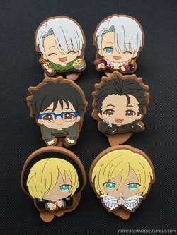 yoimerchandise: YOI x Nokkari Rubber Clips Original Release Date:February 2017 Featured Characters (3 Total):Viktor, Yuuri, Yuri Highlights:Happy Viktor with his katsudon, tiny feet, and…BUTTS as the backing of all the clips! 