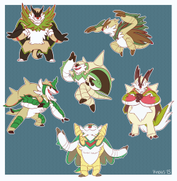 knoggart:  Finally went and tried that Pokemon variations thing with my fav, Chesnaught! :DFrom the top-left clockwise: Emboar, Sandslash, Zangoose, Dunsparce, Samurott