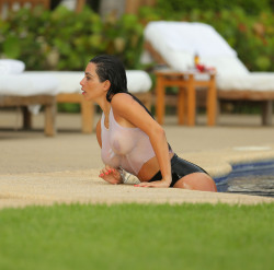Toplessbeachcelebs:  Kim Kardashian (Tv Star) In A See-Through Top In Mexico (June