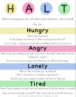 recoveryisbeautiful:  Hungry:  If your body is asking for food, the hunger will gradually develop. Emotional hunger is a response to some sort of negative experience or feeling and is usually more of a sudden onset of a craving for a specific food. With