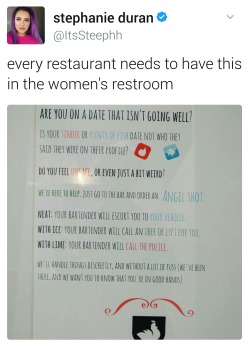 yes-this-is-not-ok:  sausagerollsnotgenderroles:  the-perks-of-eating-pussy: this is such a good idea  I like this. It avoids the complication of someone called Angela working at the bar as in Lincolnshire Rape Crisis’ Ask For Angela scheme that went