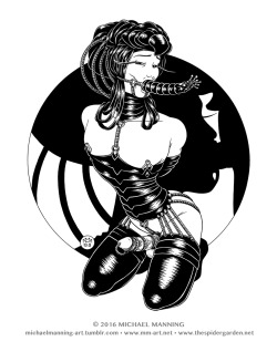 michaelmanning-art: Maegera: Oral Slave 01 (1998) Ink on plate surface bristol.  Maegera: Oral Slave 01 (aka. Garden Slave I) was originally exhibited as part of my Devotion/Surrender solo show at the Madame S Gallery in San Francisco in 2001. Currently